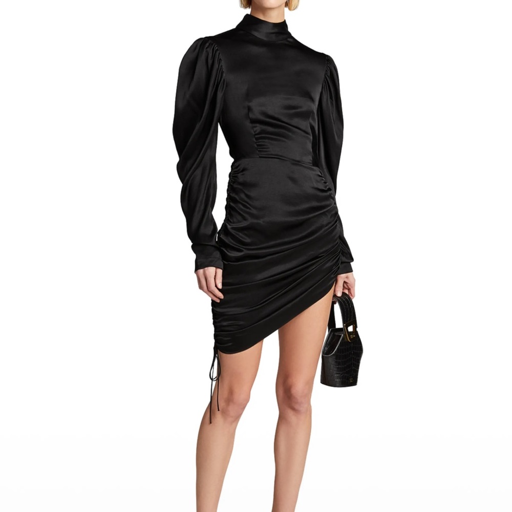 Matériel Tbilisi Black Satin Draped Puff Sleeve Mini Dress - Size US 4 $785